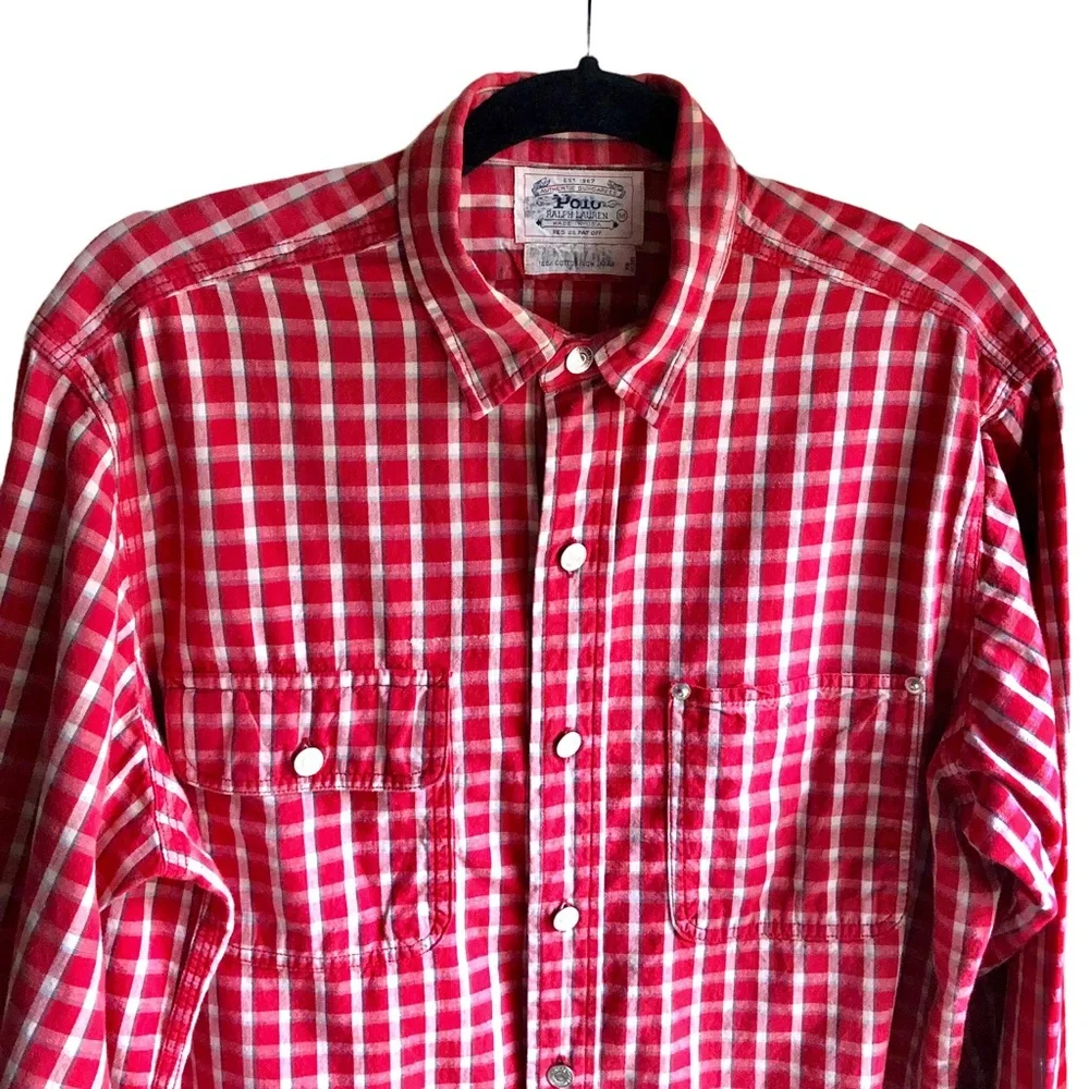 Vintage 80's Polo Ralph Lauren Authentic Dungarees Red Plaid Shirt. Size Medium